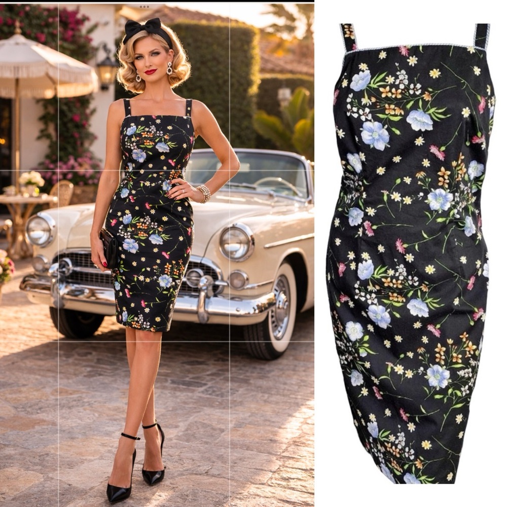 Tyler‎ Boe Vintage Black Floral Knee Length Retro Sheath Dress Women's Size 12